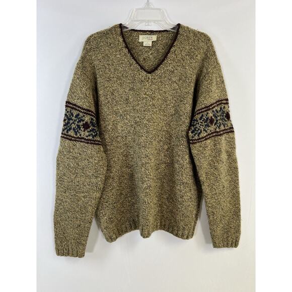 VTG J. Crew Chunky Hand Knit 100% Wool Sweater V Neck Brown Men’s L Cabin core - Picture 1 of 10